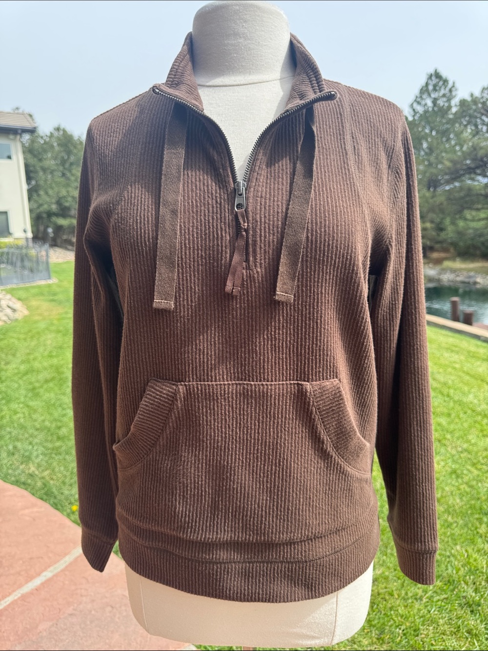 Coldwater Creek Brown Quarter Zip Ribbed Pullover with Flat Drawstring & Pocket